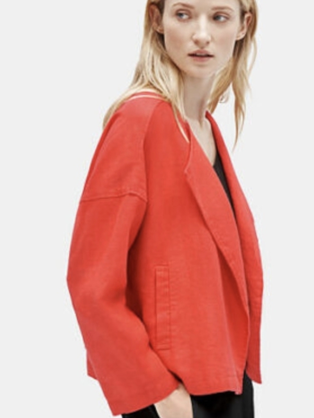 Eileen Fisher 100% Organic Linen Drape Front Jacket Sz Large Red Orange Pockets